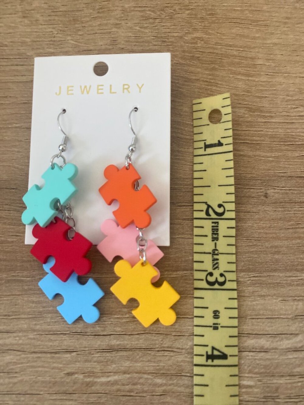 New Colorful Puzzle Piece Dangle Autism Earrings 3.5" - Picture 3 of 4